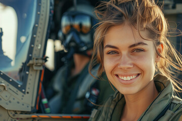 Sticker - Caucasian woman wearing military pilot uniform in military operations