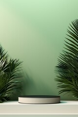 Wall Mural - Abstract minimal backdrop with a podium shadowed by tropical palm leaves  AI generated illustration