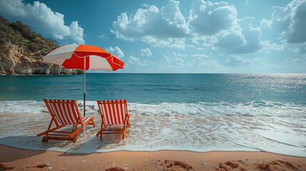 Wall Mural - Beach chairs on the white sand beach with a cloudy blue sky and sun