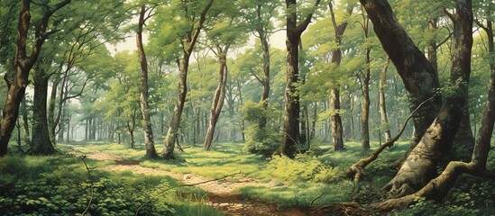 Sticker - A beautiful painting capturing a winding path through a vibrant green forest, filled with lush plant life like trees, grass, and terrestrial plants