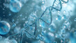 Close up of a mesmerizing blue and white structure covered in delicate bubbles, Cosmetic Essence, Liquid bubble, Molecule inside Liquid Bubble on DNA water splash background