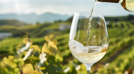 A stream of white wine cascades gracefully from a bottle into a wine glass, capturing the beauty of liquid in motion, Wine glass with pouring white wine and vineyard landscape in sunny day. Winemaking