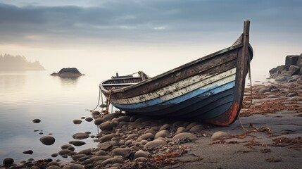 Wall Mural - An old wooden boat resting on a deserted shore portraying the simplicity and nostalgia of maritime scenes  AI generated illustration