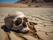 Human skull halfburried in the desert sand 
