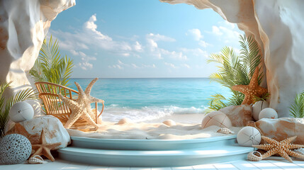 sand White podium display with palm tree for product presentation, summer beach with blue sea and sky background. Generative ai