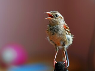 Canvas Print - A small bird with its mouth open on top of a microphone. Generative AI.