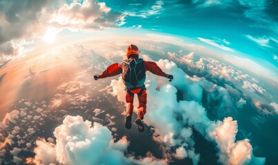 Poster - A person is flying through the clouds in a red suit. Generative AI.