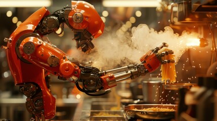 Wall Mural - A robot is cooking spaghetti in a kitchen with smoke coming out of it. Generative AI.