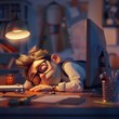 Cartoon 3D, exhausted employee napping at computer, dim office light, illustration