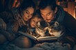 Intimate Family Gathering for Comforting Bedtime Storytelling with Cherished Book and Beloved Pet