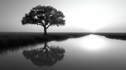 Wall Mural - Tree in a marsh - black and white - dramatic and stylish composition - beach - coast - ocean - vacation - holiday - getaway - escape 