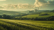 Tranquil landscape with nuclear power plant surrounded by picturesque green fields