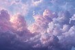 plane flying cloudy sky pink blue extremely billowing clouds soft strokes dreamy pisces lilac upwards