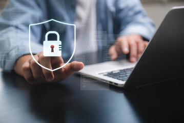 Fototapete - Cyber ​​security network. Data protection concept. Businessman touching shield with padlock in hand about global network connectivity, data protection and network security, insurance business