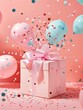 balloons confetti scattered white gift box pink gradient background giving gifts people ecstatic face expression birthday party backdrop promotional upbeat
