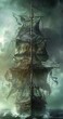 large ship floating ocean green cloak twisted giant tower pirate flag arms damp atmosphere vines thorns upwards exaggerated texture