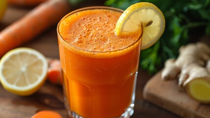 A refreshing glass of carrot ginger juice with a lemon twist