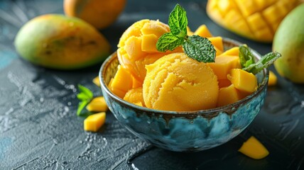 A vibrant bowl of mango sorbet with fresh mango pieces