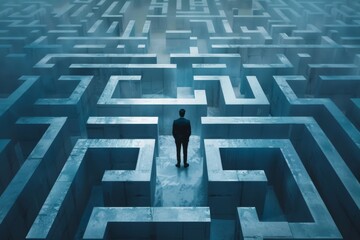 Businessman standing in middle of a maze looking for the right way out, Generative AI