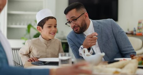 Sticker - Family, dad and child at table for eid celebration, Muslim people at dinner together eating and talking. Islam, father and son at Iftar in dining room for holy festival, culture and Ramadan in home.