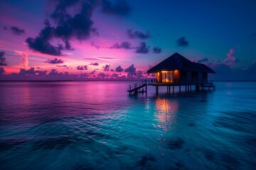 house stilts middle ocean sunset transparent purple tinted paradise garden massage nighttime pink teal heavens