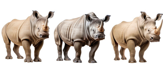 Wall Mural - Set of three Rhinoceros front view, standing portrait isolated on transparent background