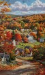 rural scene road houses fall upon peak village forest vibrantly buildings wet technique canvas