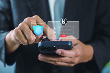 Fototapete - Cyber security network and data protection concept.   Businessmen use finger scanning to defend financial and commercial transaction data from cyberattacks and intelligent digital attack prevention.
