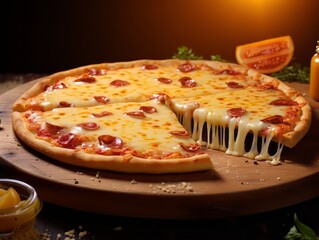 Wall Mural - A slice of pepperoni pizza with melted cheese on a wooden cutting board. The pizza is cut in half and has a slice missing