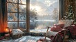 Cozy 3d podium in a cabin by a winter lake, for home comfort items