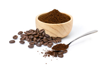 Wall Mural - Roasted coffee beans with coffe powder (ground coffee) in wooden bowl and spoon isolated on white background. 