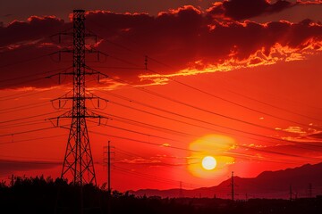 Poster - power lines at sunset