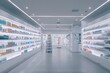 © Postproduction - Modern pharmacy interior, sleek shelves, neatly arranged health products, professional atmosphere.