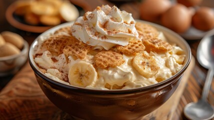 Wall Mural - A bowl of banana pudding with vanilla wafers and whipped cream