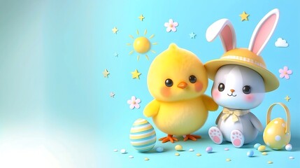 Sticker - 3d cute easter chicken and bunny with eggs