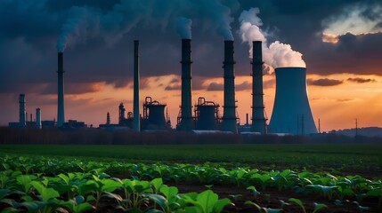 Decarbonization, featuring a vibrant green plant in the foreground with a CO2-emitting industrial chimney in the background, symbolizing the balance between industry and environmental sustainability.