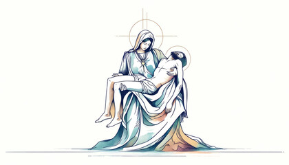 Sticker - Jesus, taken down from the cross, is given to his mother Mary. Sixth Sorrow. Sketch of Mary holding Jesus, vector illustration.