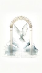 Wall Mural - Ascending Dove. Ascension. White dove in the arch with clouds and sky. Vector illustration.