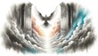 Ascending Dove. Ascension.White dove in the sky with clouds, flying towards light. Computer digital drawing.