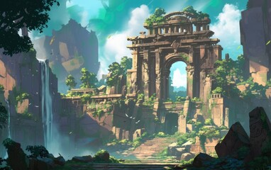  concept art of an ancient temple entrance in the jungle, with waterfalls and lush greenery surrounding it; fantasy adventurers walking through an open gate to another world