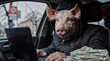 Portrait of a pig in a hooded sweatshirt sitting in a car with a laptop and a lot of money.