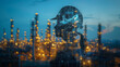Double exposure of Engineer with oil refinery industry plant background, industrial instruments in the factory and physical system icons concept, Industry 4.0 concept image.
