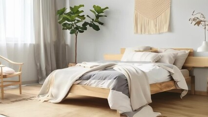 Wall Mural - A cozy bedroom with a simple platform bed soft natural lighting and a few carefully chosen decor pieces. . .