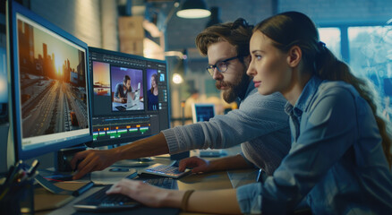 Canvas Print - A male graphic designer is pointing at the monitor screen, while his female model shows him an illustration of one woman on it