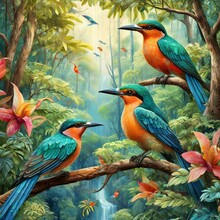 An Enchanting 3D Art Wall Mural Featuring A Diverse Array Of Colorful Birds Perched Amidst Lush Trees. The Scene Comes To Life With Intricate Details, Capturing The Beauty And Vibrancy Of Nature In A 