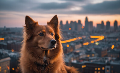 Canvas Print - Portrait of a dog with a city at background