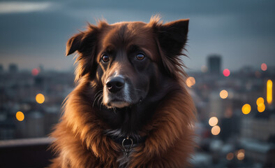 Canvas Print - Portrait of a dog with a city at background