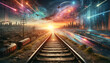 Sci-fi sunrise with urban trains and digital sky effects. Future city concept with copy space for design and print. Dynamic landscape with vibrant colors and aerial perspective.