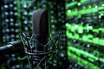 Microphone in a recording studio on a background of green lights.