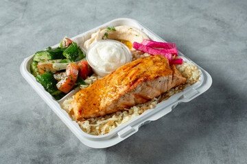 Wall Mural - A view of a grilled salmon entree.